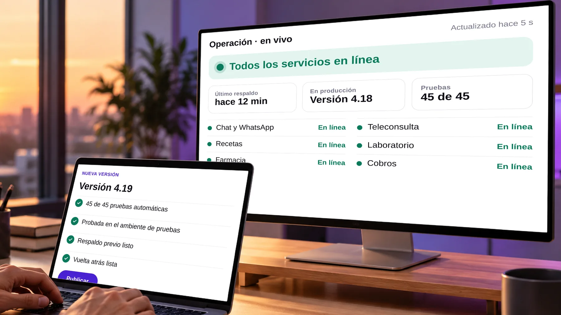 Al atardecer, un monitor muestra todos los servicios en línea y el último respaldo; en la laptop, una versión nueva con sus 45 pruebas aprobadas, lista para publicar